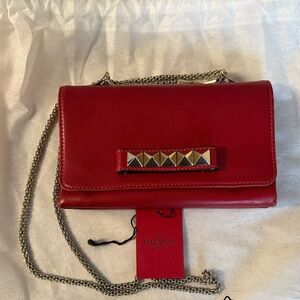 Valentino Garavani Red Rock Stud Leather Bag/Clutch with Chain
